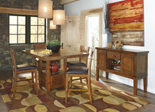 Load image into Gallery viewer, Ralene - Medium Brown - 6 Pc. - Rectangular Dining Room Counter Extension Table, 4 Upholstered Barstools, Server