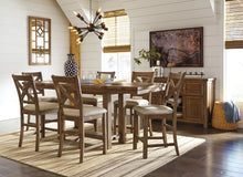 Load image into Gallery viewer, Moriville - Gray - 7 Pc. - Rectangular Dining Room Counter Extension Table, 6 Upholstered Barstools