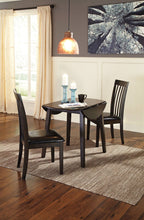 Load image into Gallery viewer, Hammis - Dark Brown - 3 Pc. - Round Dining Room Drop Leaf Table, 2 Upholstered Side Chairs