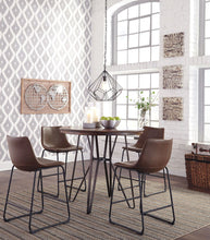 Load image into Gallery viewer, Centiar - Two-tone Brown - 5 Pc. - Round Dining Room Counter Table, 4 Upholstered Barstools