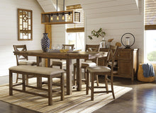 Load image into Gallery viewer, Moriville - Gray - 7 Pc. - Rectangular Dining Room Counter Extension Table, 6 Upholstered Barstools