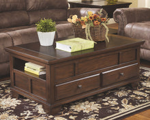 Load image into Gallery viewer, Austere - Brown - 6 Pc. - 2 Seat Reclining Sofa, Double Reclining Loveseat with Console, Gately Lift Top Cocktail Table, 2 End Tables, Sofa Table