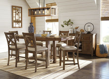 Load image into Gallery viewer, Moriville - Gray - 7 Pc. - Rectangular Dining Room Counter Extension Table, 6 Upholstered Barstools
