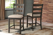 Load image into Gallery viewer, Rokane - Light Brown - 5 Pc. - Rectangular Counter Table with Storage, 4 Upholstered Barstools