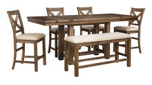 Load image into Gallery viewer, Moriville - Gray - 7 Pc. - Rectangular Dining Room Counter Extension Table, 6 Upholstered Barstools