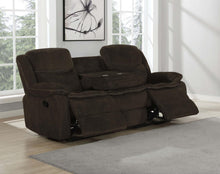 Load image into Gallery viewer, Brown - Jennings Upholstered Motion Sofa With Drop-down Table Brown